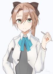 1girl absurdres akigumo_(kancolle) akigumo_kai_ni_(kancolle) aqua_bow aqua_bowtie bow bowtie brown_hair brown_ribbon dated drawing_tablet green_eyes hair_between_eyes hair_ribbon highres holding holding_drawing_tablet kantai_collection lesoa long_hair mole mole_under_eye ribbon signature simple_background smile solo white_background