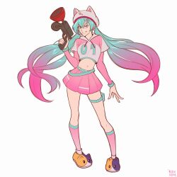 Rule 34 | 1girl, animal hat, aqua eyes, aqua hair, cat hat, fortnite, grappler, gun, hat, hatsune miku, highres, holding, holding gun, holding weapon, long hair, looking at viewer, midriff, multicolored hair, neko hatsune miku, pink hair, pink skirt, simple background, skirt, smile, solo, thigh strap, twintails, two-tone hair, very long hair, vocaloid, weapon, white background, yellow nicky