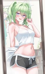1girl absurdres bare_shoulders black_shorts breasts cleavage dolphin_shorts green_hair hair_between_eyes hair_ornament hand_up hatae0226_(hty) highres indoors looking_at_viewer medium_hair midriff mirror multicolored_hair navel nervous_smile open_mouth shorts smile solo standing stellive streaked_hair twintails virtual_youtuber yuzuha_riko