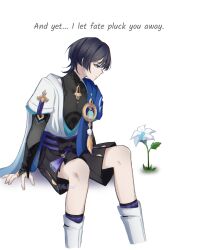 Rule 34 | 1boy, absurdres, arm support, armor, arms at sides, belt, black belt, black bodysuit, black bow, black bridal gauntlets, black hair, black leggings, black shorts, blue cape, blue gemstone, blue kimono, blue sleeves, blunt ends, bodysuit, bow, bridal gauntlets, cape, closed mouth, covered collarbone, cropped legs, empty eyes, english text, eyeliner, eyeshadow, feathers, fingernails, flower, furisode, gem, genshin impact, gold ring, gold trim, grey flower, hakama, hakama shorts, highres, inteyvat flower (genshin impact), japanese armor, japanese clothes, juban, kimono, kote, kurokote, layered sleeves, leg warmers, leggings, looking at object, looking down, lumine (genshin impact), makeup, male focus, mandarin collar, middle ring, multicolored flower, nicbuns, objectification, open clothes, open kimono, plant, pleated shorts, pom pom (clothes), purple eyes, purple rope, purple sash, red eyeliner, red eyeshadow, rope, sash, scaramouche (genshin impact), short sleeves, shorts, shoulder peek, sitting, solo, tassel, tsurime, vision (genshin impact), wanderer (genshin impact), white background, white flower, white kimono, white leg warmers, white sleeves, white trim, yellow feathers