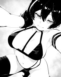 1girl arm_strap armpits boots breasts collarbone commentary english_commentary greyscale highres large_breasts light_smile long_hair looking_at_viewer miregeist monochrome navel o-ring reaching reaching_towards_viewer side_ponytail skindentation solo sousou_no_frieren squatting thigh_boots ubel_(sousou_no_frieren) underwear underwear_only white_background