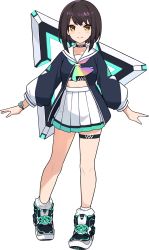 1girl aqua_neckerchief artist_request ascot black_choker blue_jacket blush bob_cut breasts brown_hair choker closed_mouth female_focus floating floating_object full_body glowing gradient_ascot happy heel_up highres jacket light_blush long_sleeves looking_at_viewer midriff_peek miniskirt multicolored_ascot multicolored_hair neckerchief non-web_source official_art pictoria pink_hair pleated_skirt rainbow_neckwear sailor_collar school_uniform see-through_clothes serafuku shoes short_hair simple_background skindentation skirt small_breasts smile sneakers socks solo sports_bra standing straight-on streaked_hair thigh_strap towa_kiseki transparent_background triangle virtual_youtuber watch white_sailor_collar white_skirt white_socks world_flipper wristwatch yellow_eyes