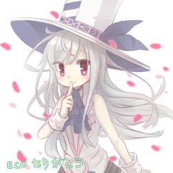 1girl bare_shoulders blue_ribbon commentary dress emil_chronicle_online finger_to_mouth hat hat_ribbon ka_zhi kamishibaiya_iris long_hair neck_ribbon petals red_eyes ribbon shirt shushing upper_body white_background white_dress white_hair white_hat white_shirt wristband