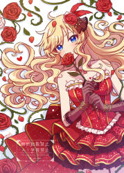 Rule 34 | 1girl, absurdres, blonde hair, blue eyes, blush, breasts, brown gloves, collarbone, commentary request, covered mouth, dress, flower, gloves, grk 11601, hair flower, hair ornament, hair spread out, heart, heart-shaped hair, highres, holding, holding flower, idol clothes, idolmaster, idolmaster cinderella girls, idolmaster cinderella girls starlight stage, layered dress, long hair, looking at viewer, lying, medium breasts, official alternate costume, ohtsuki yui, on back, petals, red dress, red flower, red rose, rose, rose petals, solo, strapless, strapless dress, very long hair, watermark