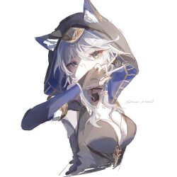 animal_ear_fluff animal_ears animal_hood black_gloves blue_eyes breasts cat_ears cat_girl cat_hood cipher_(honkai:_star_rail) cleavage coin cropped_torso fingerless_gloves gloves grey_hair hashtag-only_commentary highres holding holding_coin honkai:_star_rail honkai_(series) hood large_breasts nani_miteru0 short_hair_with_long_locks simple_background twitter_username white_background