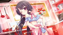 1girl alternate_hairstyle apron arms_behind_back ass bikini black_hair blue_bikini blush book carrot closed_mouth cooking_pot curtains dot_nose dutch_angle faucet film_grain flower frilled_bikini frills from_behind frying_pan game_cg hair_ornament hair_scrunchie ichikishima_mizuha indoors izumi_tsubasu kitchen ladle lens_flare long_hair looking_at_viewer looking_back low_twintails non-web_source official_art one_eye_closed open_book orange_scrunchie pink_apron pink_flower purple_eyes re:stage! red_flower red_rose rose scrunchie shelf smile solo sparkle spatula swimsuit teapot twintails white_flower wicker_basket window