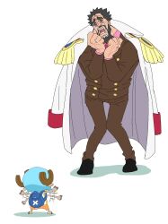 2boys antlers bag beard benevolent_king_of_the_waves brown_suit coat coat_on_shoulders commentary epaulettes facial_hair formal_clothes full_body happy_tears highres hood horns inu_draw multiple_boys one_piece one_piece_fan_letter panicking reindeer_antlers scar scar_on_hand short_hair shoulder_bag suit tears thick_eyebrows tony_tony_chopper white_background white_coat