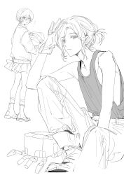 Rule 34 | 1boy, 1girl, absurdres, amate yuzuriha, beanie, blush, commentary, conch (gundam), gloves, greyscale, gundam, gundam gquuuuuux, haro, hashtag-only commentary, hat, highres, long sleeves, looking at viewer, monochrome, non-humanoid robot, open mouth, pants, ponytail, robot, school uniform, short hair, shuji ito, simple background, skirt, sleeveless, smile, sweater, tank top, white background, yuno 11 02