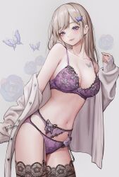 10_plus 1girl bare_shoulders black_thighhighs blonde_hair blue_eyes bra breasts bug butterfly butterfly_hair_ornament butterfly_tattoo cleavage collarbone commentary commission copyright_request earrings floral_print flower garter_belt grey_background hair_ornament hand_up heart heart_earrings highres insect jacket jacket_partially_removed jewelry lace lace-trimmed_bra lace-trimmed_panties lace-trimmed_thighhighs lace_trim long_hair looking_at_viewer medium_breasts nail_polish navel panties print_bra print_panties purple_bra purple_nails purple_panties skeb_commission stomach symbol-only_commentary tattoo thighhighs twitter_username underwear white_jacket