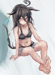 1girl ahoge animal_ears bare_shoulders barefoot bikini black_bikini black_hair collarbone crossed_bangs ear_tag earrings ears_down grey_hair hair_between_eyes hand_on_ground high-waist_bikini horse_ears horse_girl horse_tail jewelry long_bangs long_hair long_hair_between_eyes manhattan_cafe_(umamusume) multicolored_hair navel single_earring sitting solo speech_bubble swimsuit tail umamusume very_long_hair yanagi_wakana