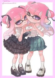 2girls absurdres black_skirt blue_hair closed_mouth commentary_request frilled_skirt frills gradient_hair green_skirt heart heart_hands highres inkling inkling_girl inkling_player_character koyomi_yamai long_hair looking_at_viewer multicolored_hair multiple_girls nintendo one_eye_closed pink_hair pointy_ears purple_eyes shoes skirt smile socks splatoon_(series) splatoon_3 tentacle_hair two-tone_hair two_side_up white_background white_socks yuri