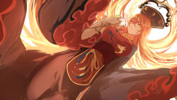 1girl belt black_dress black_hat blonde_hair breasts chinese_clothes commentary_request commission crescent crescent_print dalachi_(headdress) dress floating_hair flower frills hair_between_eyes hand_up hat highres holding holding_flower junko_(touhou) large_breasts lily_(flower) long_hair long_sleeves looking_to_the_side mandarin_collar neck_ribbon phoenix_print pixiv_commission pom_pom_(clothes) red_belt red_eyes red_tabard redscythe ribbon simple_background solo standing tabard tassel teeth touhou white_background white_flower wide_sleeves yellow_ribbon