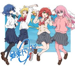 4girls :d ;d absurdres ahoge arms_up black_pantyhose black_ribbon blonde_hair blue_background blue_eyes blue_hair blue_skirt bocchi_the_rock! border bow bowtie brown_footwear brown_sailor_collar brown_shirt buttons collared_shirt commentary_request cube_hair_ornament detached_ahoge double-breasted full_body gotoh_hitori green_eyes grey_skirt group_name hair_between_eyes hair_ornament hair_over_eyes highres ijichi_nijika jacket kessoku_band kita_ikuyo loafers logo long_hair long_sleeves mayo_(oekaki_bibbi) medium_skirt miniskirt multiple_girls neck_ribbon one_eye_closed one_side_up open_mouth outside_border pants pants_under_skirt pantyhose pink_hair pink_jacket pink_pants pleated_skirt polka_dot_bowtie red_bow red_bowtie red_eyes red_footwear red_hair ribbon sailor_collar school_uniform shimokitazawa_high_school_uniform shirt shirt_tucked_in shoes short_hair shuka_high_school_uniform side_ponytail sidelocks skirt sleeves_rolled_up smile sneakers socks three-quarter_sleeves track_jacket track_pants very_long_hair white_border white_shirt white_socks yamada_ryo yellow_eyes