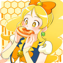 1girl arm_warmers beehive black_vest blonde_hair bow bright_pupils brooch clover_earrings commentary cure_honey donut eating food hair_bow happinesscharge_precure! heart heart_brooch holding holding_food honey jewelry long_hair mister_donut oomori_yuuko orange_bow ponytail precure puffy_short_sleeves puffy_sleeves shirt short_sleeves sidelocks solo sparkle ton_(ton39342104) upper_body vest white_pupils white_shirt yellow_eyes