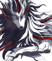 1boy armor blue_eyes demon_(megami_tensei) fangs hayataro_(megami_tensei) highres kaosuwaruta looking_at_viewer male_focus mane no_humans portrait shin_megami_tensei shin_megami_tensei_v sketch twitter_username whiskers white_background wolf