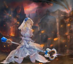 1girl absurdres arm_under_breasts blonde_hair blue_flower blue_rose boots breasts commentary_request crying dress elbow_gloves fire flower gloves hair_flower hair_ornament highres holding holding_staff jzby kneeling league_of_legends lux_(league_of_legends) mage_staff medium_breasts outdoors rose solo staff streaming_tears tears thigh_boots white_boots white_dress white_gloves