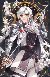 Rule 34 | 1girl, armor, belt, black belt, black cape, black jacket, bow, bowtie, brooch, buttons, cape, closed mouth, commentary, couter, cowboy shot, curtained hair, double-breasted, epaulettes, expressionless, flower, flower knot, gem, gloves, hand on blade, hand up, highres, holding, holding sword, holding weapon, jacket, jewelry, lily (flower), long hair, looking at viewer, original, pants, pauldrons, plus1024, rapier, red brooch, red eyes, red gemstone, shoulder armor, single epaulette, single pauldron, solo, standing, sword, symbol-only commentary, twitter username, two-sided cape, two-sided fabric, vambraces, weapon, white bow, white bowtie, white cape, white flower, white gloves, white hair, white jacket, white lily, white pants