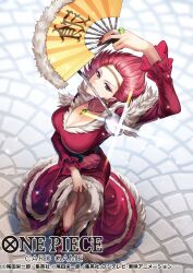 1girl carmen_(one_piece) circlet commentary_request copyright_name earrings eyelashes from_above full_body fur_trim glint hair_up hand_fan highres holding holding_fan jewelry koushi_rokushiro ladle long_sleeves official_art one_piece one_piece_card_game outdoors pink_hair ring solo