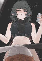 1girl absurdres black_hair black_shirt blush bottomless breasts convenient_censoring cup eous_(zenless_zone_zero) glass highres holding holding_cup jane_doe_(zenless_zone_zero) le_(szs0k) looking_down medium_hair shirt smile solo_focus sweat upper_body zenless_zone_zero