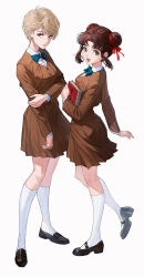 2girls blonde_hair blue_bow blue_eyes book bow brooch brown_hair double_bun ekao expressionless fushigi_yuugi green_eyes hair_bun hair_ribbon highres holding holding_book hongou_yui jewelry kneehighs lips looking_at_viewer multiple_girls open_mouth pleated_skirt red_ribbon ribbon shoes short_hair sidelocks simple_background single_hair_bun skirt socks teeth white_background white_legwear yuuki_miaka