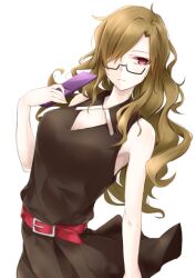Rule 34 | 1girl, alternate costume, belt, belt buckle, black dress, breasts, brown hair, buckle, cellphone, cleavage, dress, expressionless, flip phone, glasses, hair over one eye, highres, holding, holding phone, kiryuu moeka, leather belt, long hair, medium breasts, messy hair, narrowed eyes, phone, red belt, red eyes, science adventure, semi-rimless eyewear, shiny lips, sleeveless, sleeveless dress, solo, steins;gate, very long hair, yakku