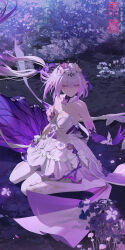 1girl artist_name bare_shoulders breasts castorice_(honkai:_star_rail) chinese_commentary commentary_request dated dragon dress flower flower_ornament grass hair_flower hair_ornament highres honkai:_star_rail honkai_(series) long_hair medium_breasts no_shoes outdoors pantyhose pointy_ears purple_eyes purple_hair rain_sama scythe sitting soles toes wariza white_dress white_pantyhose
