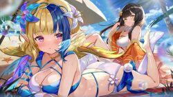 2girls beach bikini butt_crack character_request copyright_request feet multiple_girls satoupote smile swimsuit tagme