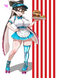 +_+ 1girl ;p apron blush breasts burger callie_(splatoon) earrings fries highres jewelry large_breasts nintendo one_eye_closed plate pointy_ears roller_skates short_sleeves single_sock skates skirt socks splatoon_(series) t2ukmyjm tentacle_hair tongue tongue_out twintails waitress