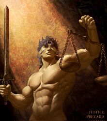 Rule 34 | 1boy, abs, balance scale, blindfold, blue hair, covered eyes, cowboy shot, hands up, highres, holding, holding scale, holding sword, holding weapon, jojo no kimyou na bouken, jonathan joestar, lady justice, long hair, luck and pluck, male focus, muscular, muscular male, navel, nude, pectorals, phantom blood, scourgeanti, solo, sunlight, sword, weapon, weighing scale, white blindfold