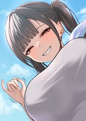 1girl black_hair blue_sky breasts cloud earrings eyelashes from_below goddess_of_victory:_nikke handjob_gesture heart heart_in_eye highres jewelry large_breasts looking_at_viewer mole mole_under_eye nishinokyo red_eyes shirt sky smile snake_earrings solo sora_(nikke) symbol_in_eye white_shirt
