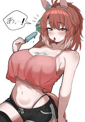 1girl absurdres animal_ears black_shorts black_thighhighs bow breasts brown_hair cleavage dantsu_flame_(umamusume) dolphin_shorts ear_covers ear_ribbon food highres holding holding_food holding_popsicle horse_ears horse_girl horse_tail large_breasts multicolored_hair navel open_mouth popsicle puchimosu_(mosu1427) shirt_overhang short_hair shorts simple_background solo speech_bubble stomach tail thighhighs tongue tongue_out two-tone_hair umamusume white_background white_hair yellow_eyes