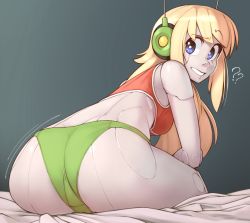 1girl ? ass back bare_shoulders blonde_hair blue_eyes blush breasts cameltoe curly_brace doukutsu_monogatari female_focus from_behind green_panties highres joints long_hair nickleflick panties raised_eyebrow red_shirt robot_ears robot_joints shirt sideboob sitting smile solo tank_top thighs underwear