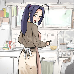 Rule 34 | ahoge, annko, apron, cooking, cooking pot, cupboard, cutting board, idolmaster, idolmaster (classic), light blush, light smile, long sleeves, looking at viewer, looking back, miura azusa, ponytail, purple hair, red eyes, skirt, sponge, stove, window