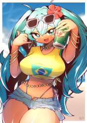 1girl aqua_eyes aqua_hair beach bikini bikini_under_clothes blue_shorts blurry blurry_background border brazilian_miku breasts can cowboy_shot cropped_shirt dark-skinned_female dark_skin denim denim_shorts eyewear_on_head flower hair_flower hair_ornament hatsune_miku highleg highleg_bikini highres holding holding_can large_breasts long_hair ocean red_flower richter_h sand shaka_sign shirt short_shorts shorts solo sunglasses swimsuit tan twintails very_long_hair vocaloid white_border yellow_shirt