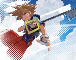 Rule 34 | 1boy, belt, blue belt, blue eyes, brown hair, chain, chain necklace, cloud, cloudy sky, cofffee, cropped jacket, dated, fingerless gloves, gloves, hair between eyes, holding, holding weapon, jewelry, keyblade, kingdom hearts, looking at viewer, loose belt, male focus, mickey mouse ears, necklace, overalls, parted lips, red overalls, short hair, short sleeves, sky, smile, solo, sora (kingdom hearts), spiked hair, weapon, white gloves