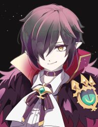 Rule 34 | 1boy, black background, black bow, black bowtie, black choker, black hair, bow, bowtie, buttons, choker, closed mouth, collared shirt, commentary request, datenshi no fu, despair god morroc, fur collar, green brooch, hair between eyes, hair over one eye, highres, long bangs, looking at viewer, male focus, pointy ears, ragnarok masters, ragnarok online, shirt, short hair, simple background, smile, solo, upper body, variant set, white shirt, yellow eyes