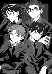 4boys :| absurdres buttoned_cuffs buttons closed_mouth collared_shirt eyebrow_cut facing_to_the_side formal_clothes futsuu_no_keion-bu glasses greyscale hand_on_own_chin head_rest highres holding_own_arm jacket lapels light_blush looking_at_viewer looking_to_the_side male_focus mizuo_haruichi monochrome multiple_boys necktie notched_lapels official_alternate_costume official_alternate_hairstyle protocol._(futsuu_no_keion-bu) rra_(yj) shirt smirk suit suit_jacket taguchi_ryuuya takami_kouki tohno_gen wrist_cuffs