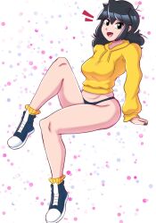 1girl ass bare_legs black_hair black_panties curvy fang groin hood hoodie legs lucia_(scott_malin) panties scott_malin shoes sitting sneakers socks the_dermak the_panty_bear thong tomboy underwear yellow_hoodie yellow_socks