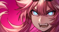 Rule 34 | 1girl, blue eyes, commentary, english commentary, fangs, floating hair, glowing, glowing eyes, hololive, hololive english, long hair, looking at viewer, open mouth, pink background, pink hair, portrait, rakku (rkrmz0n), raora panthera, sharp teeth, solo, teeth, tongue, v-shaped eyebrows, virtual youtuber