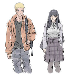 Rule 34 | 1boy, 1girl, alternate costume, alternate universe, bag, beerenfuchs, black hair, black shirt, blonde hair, blue eyes, blunt bangs, commentary, contemporary, english commentary, facial mark, highres, hood, hoodie, hyuuga hinata, long hair, long sleeves, looking at another, naruto (series), no pupils, open clothes, open hoodie, orange hoodie, pants, pantyhose, school bag, shirt, short hair, shoulder bag, skirt, uzumaki naruto, whisker markings, white background, white eyes