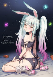 1girl absurdres animal_ears ass bandaid bandaid_on_face bandaid_on_nose black_bra black_panties blush bra brown_eyes carrot comdost from_behind gradient_hair highres long_hair looking_back multicolored_hair no_tail original panties paw_shoes pink_hair rabbit_ears rabbit_girl rabbit_tail ribbon side-tie_panties sitting smile solo strap_slip tail thighs twintails underwear underwear_only white_hair wrist_ribbon