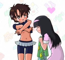 Rule 34 | 1990s (style), 1boy, 1girl, ^ ^, black hair, brown eyes, brown hair, cardcaptor sakura, closed eyes, crossdressing, daidouji tomoyo, denkimorph, dress, closed eyes, gender request, genderswap, heart, li xiaolang, long hair, retro artstyle, short hair, skirt