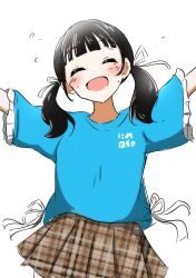 Rule 34 | 1girl, :d, ^ ^, animification, black hair, blue shirt, blush, brown skirt, closed eyes, commentary, cowboy shot, daime (hyahhaa10), facing viewer, frilled sleeves, frills, hair ribbon, hashtag-only commentary, highres, long hair, low twintails, miniskirt, nirei nozomi, open mouth, outstretched arms, plaid clothes, plaid skirt, pleated skirt, real life, ribbon, shirt, short sleeves, simple background, skirt, smile, solo, spread arms, standing, twintails, voice actor, white background, white ribbon