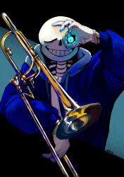 Rule 34 | 1boy, absurdres, blue jacket, gloves, grin, highres, instrument, jacket, male focus, one eye closed, sakekuzu no ame, sans (undertale), skeleton, smile, solo, teeth, trombone, undertale