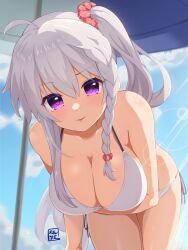 1girl 9-nine- ahoge alternate_costume arm_under_breasts backlighting bare_shoulders beach_umbrella bent_over bikini blue_sky blush braid breasts cleavage cloud collarbone commentary cowboy_shot day grey_hair hair_between_eyes hair_ornament hair_scrunchie halterneck highres large_breasts light_rays long_hair looking_at_viewer niimi_sora outdoors parted_lips purple_eyes red_scrunchie revision scrunchie seductive_smile side-tie_bikini_bottom side_braid side_ponytail sidelocks signature single_braid sky smile solo straight-on sunlight swimsuit tsue_(surutsue) umbrella very_long_hair white_bikini