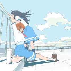 2girls 55bata6rou against_railing arms_up bento black_hair blue_sailor_collar blue_skirt blue_sky blue_socks brown_hair brown_shoes closed_eyes cloud day from_side hibike!_euphonium highres kitauji_high_school_uniform kousaka_reina loafers long_hair mountainous_horizon multiple_girls on_rooftop oumae_kumiko outdoors pleated_skirt railing sailor_collar school_uniform shirt shoes short_hair short_sleeves sitting skirt sky socks standing stretching thermos white_shirt white_socks wind