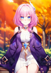 Rule 34 | 1girl, absurdres, autumn, bare shoulders, blue eyes, blurry, blurry background, cyrene (honkai: star rail), dress, hair ornament, highres, honkai: star rail, honkai (series), jewelry, long sleeves, necklace, off-shoulder dress, off shoulder, pink hair, purple dress, short hair, sitting, smallqin, solo, thighs, white dress