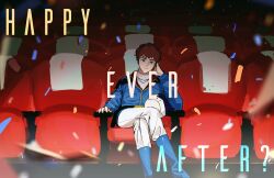 1boy amuro_ray beanie blue_boots blue_jacket boots brown_eyes brown_hair char&#039;s_counterattack confetti crossed_legs curly_hair dnwn_stone earth_federation earth_federation_space_forces gundam gundam_gquuuuuux haro hat head_on_hand highres jacket light_smile long_sleeves looking_at_viewer military_uniform movie_theater pants shirt sitting smile turtleneck white_pants white_shirt