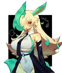 animal_ears beige_fur blonde_hair breasts brown_eyes clothing_cutout furry furry_female gen_4_pokemon glasses highres large_breasts leaf leaf_on_head leafeon long_hair navel necktie nintendo pokemon pokemon_(creature) sideboob tail thick_thighs thighs togetoge underboob underboob_cutout wide_hips
