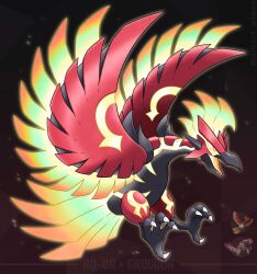 albrt-wlson animal_focus bird character_name commentary embers english_commentary full_body fusion gen_2_pokemon gen_3_pokemon groudon highres ho-oh legendary_pokemon nintendo no_humans official_art_inset open_mouth orange_eyes pokemon pokemon_(creature) pokemon_focus primal_groudon procreate_(medium) reference_inset solo talons